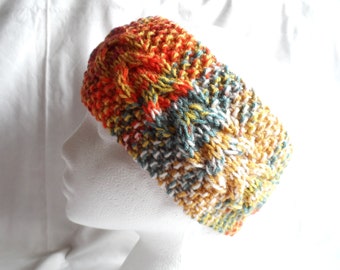 Hand knitted Green Mustard Orange Red Cream Tweed Cable Chunky Bulky Earwarmer or Headband Winter Boho