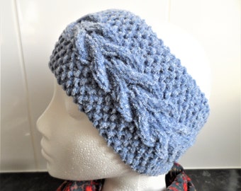 Hand knitted Lavender Blue DK Light Worsted Chenille Cable Earwarmer or Headband Boho Winter