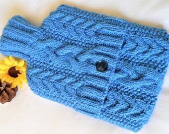 Hand Knitted Mid Blue Cabled hot water bottle cover/cozy/cosy/case hottie bed warmer ~ Chunky Bulky Wool