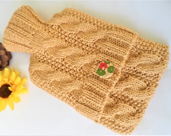 Funda para botella de agua caliente tejida a mano con forma de cervatillo de caramelo y cable, funda para calentar la cama