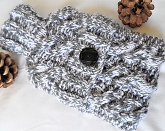 Hand Knitted Small Grey & White Tweed Cabled hot water bottle cover/cozy/cosy/case hottie bed warmer ~ Chunky Bulky Wool