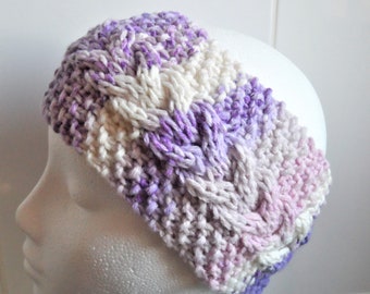 Hand knitted Lilac & White Variegated Chunky Bulky Earwarmer or Headband Winter Boho