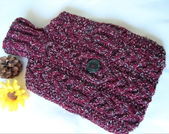 Hand Knitted Burgundy & Grey Tweed Cabled  hot water bottle cover/cozy/cosy/case hottie bed warmer ~ Aran Wool