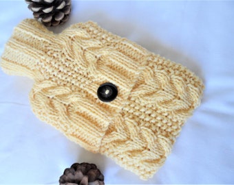 Hand Knitted Small Golden Butter Yellow Corn Yellow Cabled hot water bottle cover/cozy/cosy/case hottie bed warmer ~ Chunky Bulky Wool