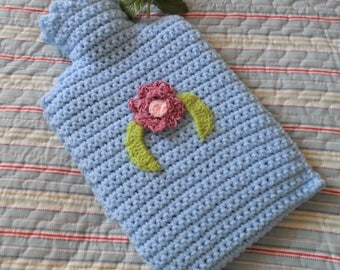 Hand Crochet Pale Blue Chunky hot water bottle cover/cozy/cosy/case hottie bed warmer