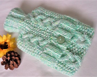 Hand Knitted Small Peppermint Green Random Tweed Cabled hot water bottle cover/cozy/cosy/case hottie bed warmer ~ Chunky Bulky Wool