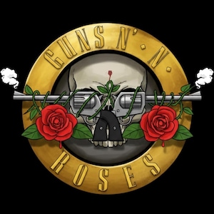 May include: A gold-colored circular emblem with the words "GUNS N' ROSES" in a gold font. The emblem features a skull with revolvers for eyes, red roses, and green vines. The background is black.