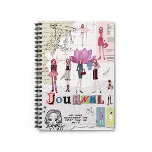 May include: Spiral-bound journal with a collage design. The cover features illustrations of women in various outfits, a large pink lotus flower, and the word "Journal" in colorful letters. Text includes "Hey Nana, remember the first time we met?"