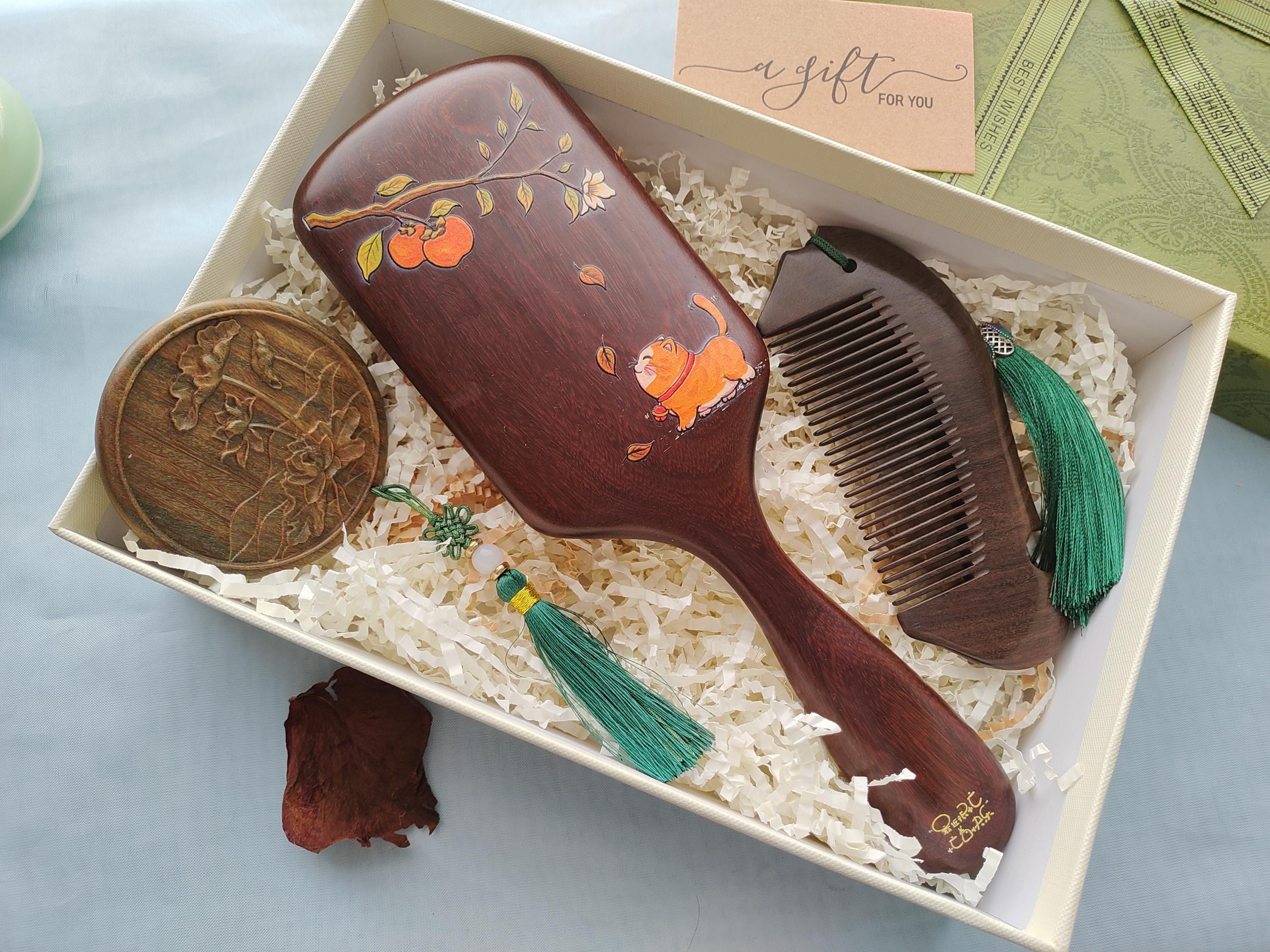 Gift Box of Love, Wooden Hairbrush, Carved Comb, & Mirror Set, Luxury Hair Care Kit, Valentine's Day, Birthday or Holiday Gift Box