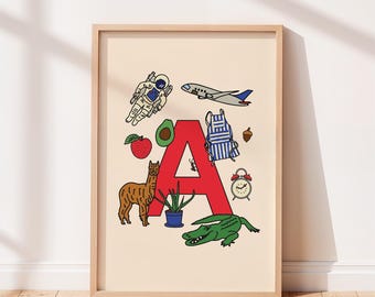 Impresión del alfabeto, letra A, arte de pared para habitación infantil o infantil