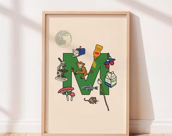 Impresión del alfabeto, letra M, arte de pared para habitación infantil o infantil