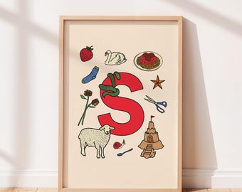 Impresión del alfabeto, letra S, arte de pared para habitación infantil o infantil