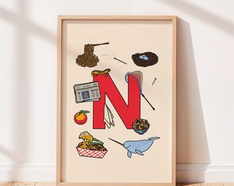 Impresión del alfabeto, letra N, arte de pared para habitación infantil o infantil