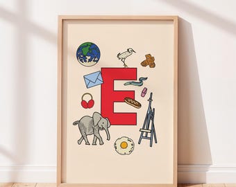 Impresión del alfabeto, letra E, arte de pared para habitación infantil o infantil