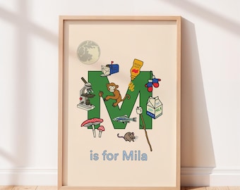 Impresión personalizada del alfabeto, letra M, arte de pared para habitación infantil o infantil