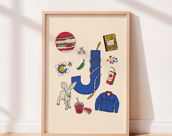 Impresión del alfabeto, letra J, arte de pared para habitación infantil o infantil