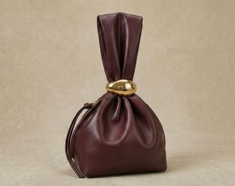Knot Pouch Wristlet Clutch Bag, Soft Faux Leather Evening Purse, Gold Ring Handle