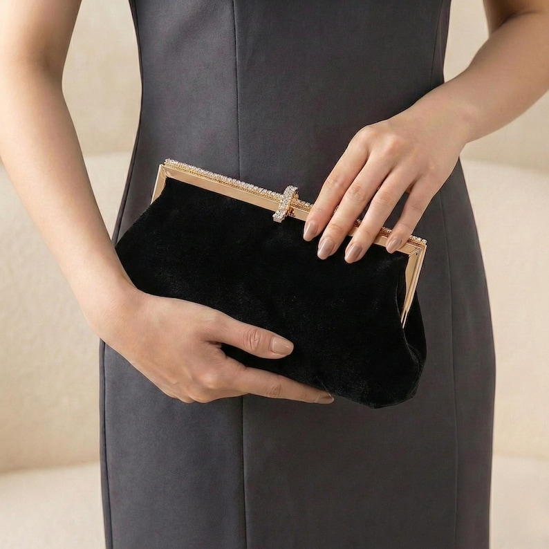 Velvet Clutch Bag With Rhinestone Frame | Black or White Evening Purse