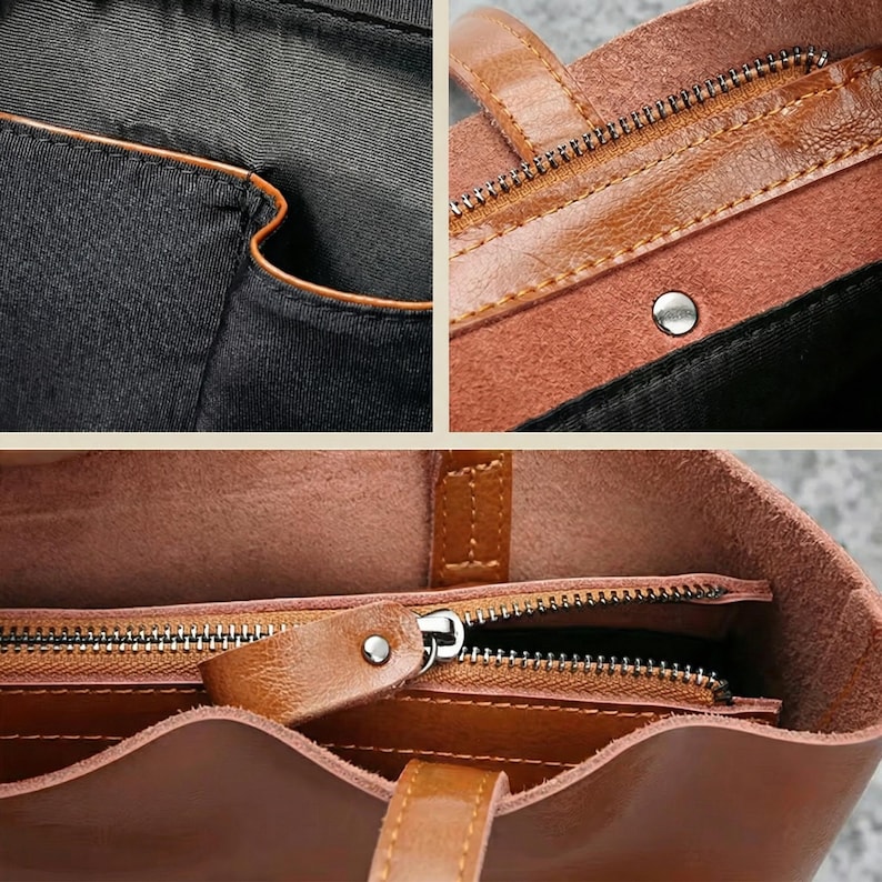 Op de afbeelding: Close-up van een bruine leren tote bag. De tas heeft een ritssluiting, een bruine leren handgreep en een zwart interieur. De stiksels en details van de tas zijn zichtbaar en tonen het vakmanschap.