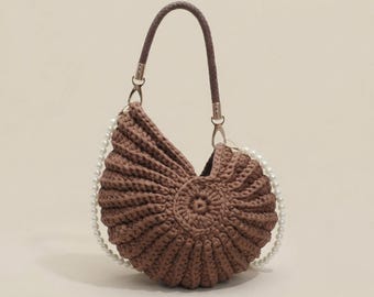 Sac coquillage au crochet | Sac à main avec noeud en tricot fait main avec bandoulière en perles