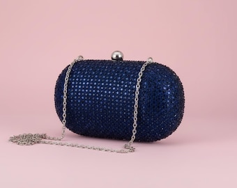 Pochette bleu marine en cristal avec strass | Sac à main de soirée avec chaîne