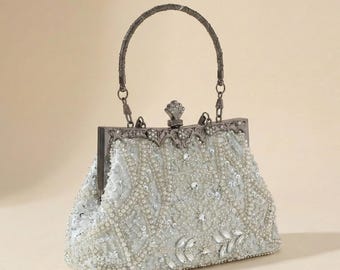 sac de soirée en perles vintage | Pochette Art déco en perles et paillettes avec poignée supérieure