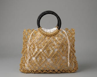 Sac en filet tissé à la main avec pochette à cordon | Sac à main Everyday à poignée supérieure, sac d'été