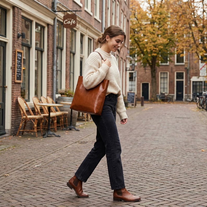 Op de afbeelding: Een persoon loopt over een geplaveide straat met een grote bruine leren draagtas. Ze draagt een cr&egrave;mekleurige trui, een zwarte jeans en bruine enkellaarsjes. De achtergrond toont gebouwen en een caf&eacute;.