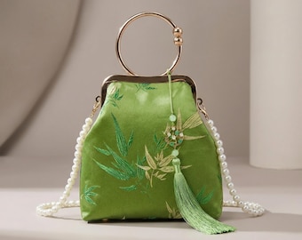 Sac à main chinois brodé | Anneau de poignée, chaîne amovible et pampille