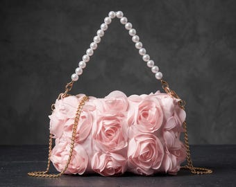 Pochette rose fleurie, sac à main de soirée avec anse perle, sac à main pour mariée avec bandoulière chaîne