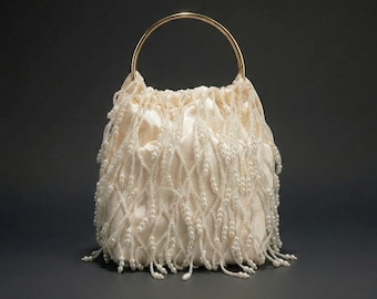 Sac de soirée perlé à franges | Sac à main de mariée en satin avec poignée en or