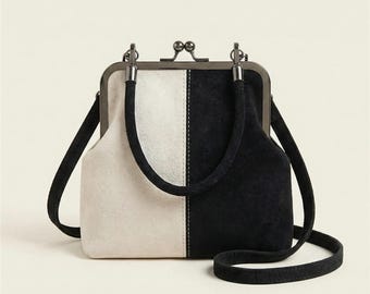 sac à main en daim vintage Kiss Lock | Anse et bandoulière amovibles | Sac à bandoulière rétro avec poignée sur le dessus