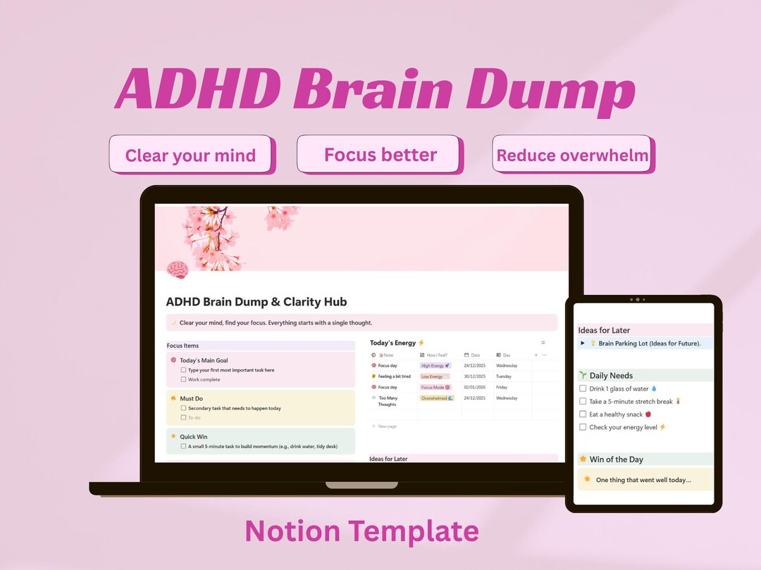 ADHD Brain Dump Notion Template Focus, Mental Clarity & Productivity