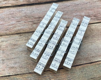 Decorative Clothespin Magnets. Kitchen Magnets. Black with Music Sheet Paper. Teacher Gift. Stocking Stuffer. Music Lover Gifts.