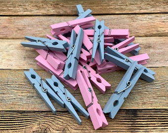 Gender Reveal. Wear Your Guess. Baby Shower. Girl or Boy. Pink and Blue Clothespins. Baby Clothesline. Baby Shower Decoration. Baby Clothes.