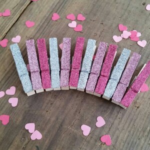 Mini Glitter Clothespins. Fuchsia, Pink and Silver Glitter. Set of Twelve 12. Valentines Day. Party Decor. Wedding Decor. image 2