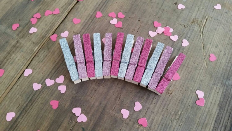 Mini Glitter Clothespins. Fuchsia, Pink and Silver Glitter. Set of Twelve 12. Valentines Day. Party Decor. Wedding Decor. image 2