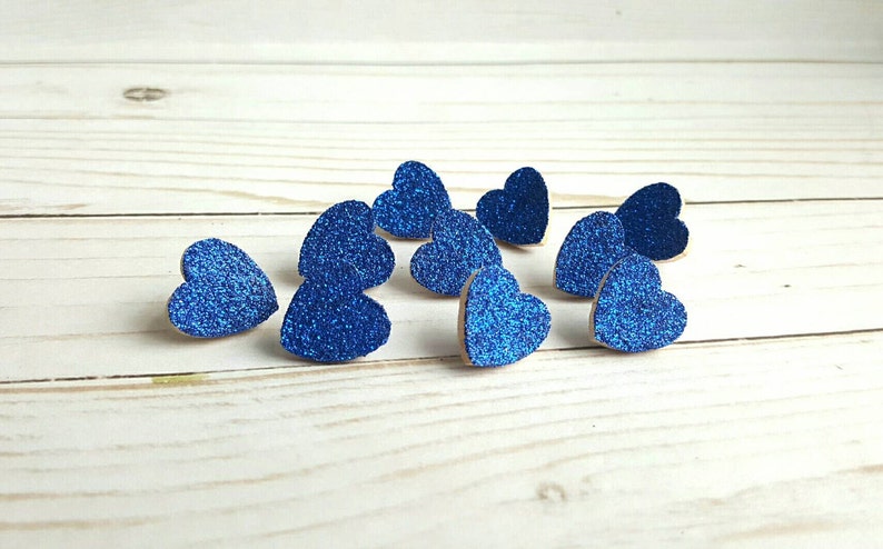 Thumb Tacks. Push Pins. Glitter Hearts. Royal Blue. Memo Board Pins. Office Accessories. Heart Tacks. Dorm Room Decor. Office Supplies. image 1