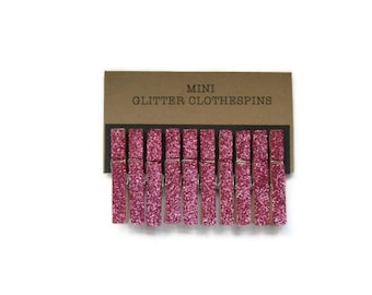 Mini Glitter Clothespins Fushcia Pink. Set of Ten (10). Wedding Decor. Party Decor.