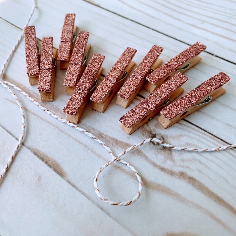 Rose Gold Glitter Mini Clothespins With Twine Party Decor Etsy