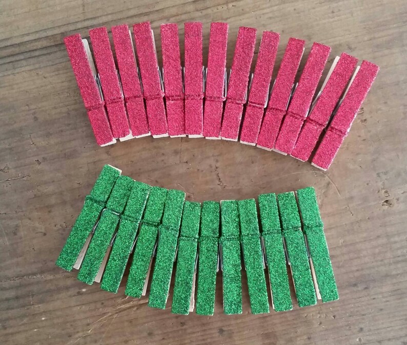 Mini Clothespins Christmas Red and Green. Holiday Decor. Party Decor. Glitter Clothespins. Holiday Decor. Red Glitter. Green Glitter. image 2