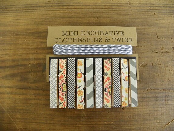 Mini Clothespins With Grey Twine Shades Of Grey Black Etsy