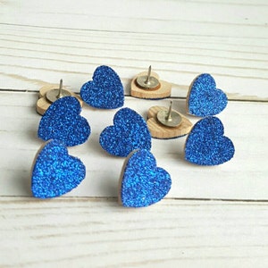 Thumb Tacks. Push Pins. Glitter Hearts. Royal Blue. Memo Board Pins. Office Accessories. Heart Tacks. Dorm Room Decor. Office Supplies. image 2