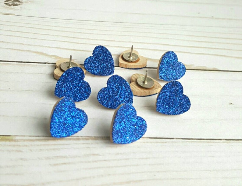 Thumb Tacks. Push Pins. Glitter Hearts. Royal Blue. Memo Board Pins. Office Accessories. Heart Tacks. Dorm Room Decor. Office Supplies. image 2