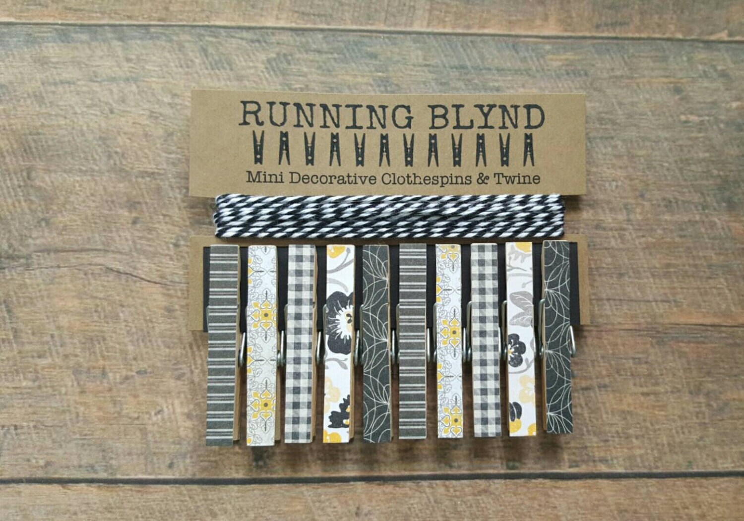 Mini Clothespins Black Twine Yellow Florals Decorative