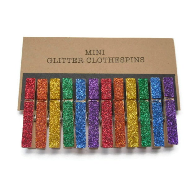 Rainbow Glitter Clothespins, Rainbow Glitter, Party Decor, Mini Clothespins, Set of Twelve (12). Rainbow Decor.