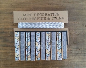 Mini Clothespins with Grey Twine. Shades of Grey, Blue and Yellow Fishbone.  Card Holder. Photo Clothesline. Kids Art Display.