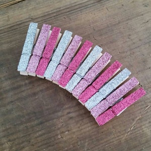 Mini Glitter Clothespins. Fuchsia, Pink and Silver Glitter. Set of Twelve 12. Valentines Day. Party Decor. Wedding Decor. image 3