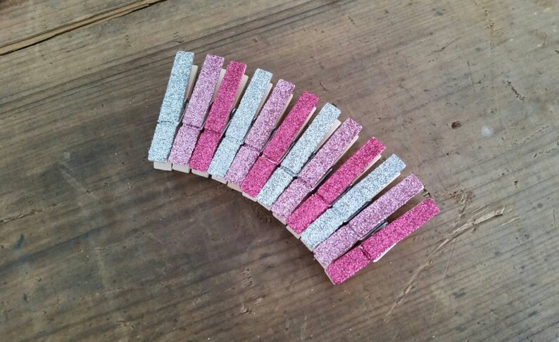 Mini Glitter Clothespins. Fuchsia, Pink and Silver Glitter. Set of Twelve 12. Valentines Day. Party Decor. Wedding Decor. image 3