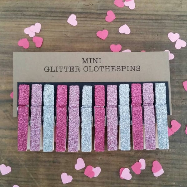 Mini Glitter Clothespins. Fuchsia, Pink and Silver Glitter. Set of Twelve (12). Valentines Day. Party Decor. Wedding Decor.